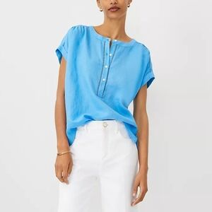Ann Taylor Blue Cap Sleeve Blouse with Mandarin Collar